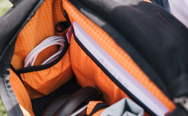 A shot of one of the smaller interior elasticized pockets of the Cambiata.